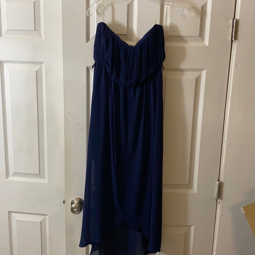 Navy strapless flowy high front long back dress